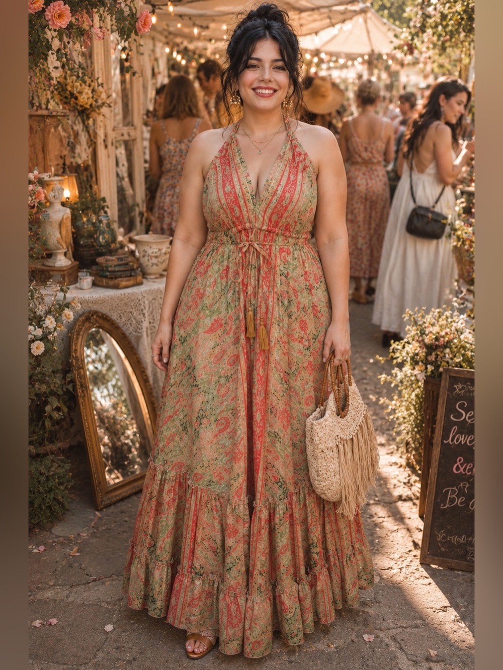 NWOT Romantic Daydream Coral & Sage Boho Halter Maxi Dress
